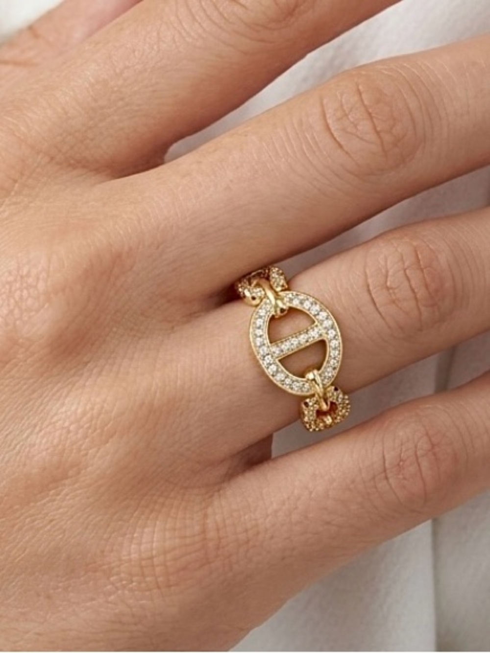 14K is Gold Plated CZ Mariner Link Ring | Gold Anchor Chain Band Ring - Picture 2 of 8